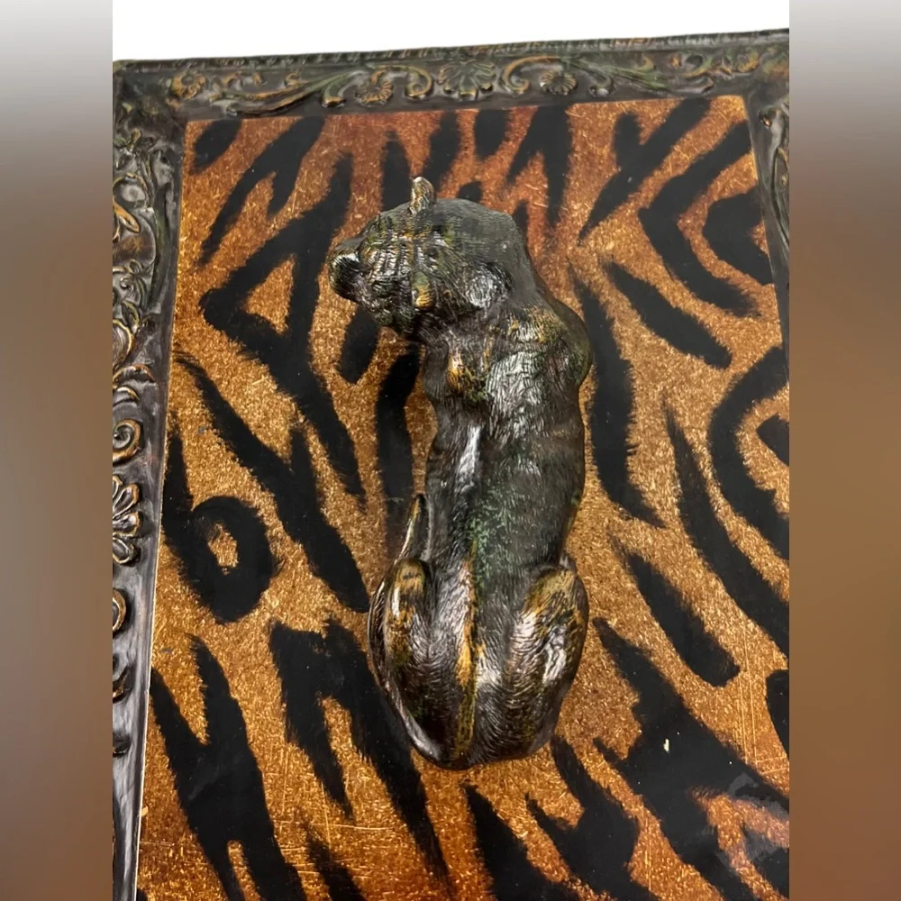Jewlery Box Tiger Animal Print 11x8x6 Brown Vintage Patina Velvet Lining Rare